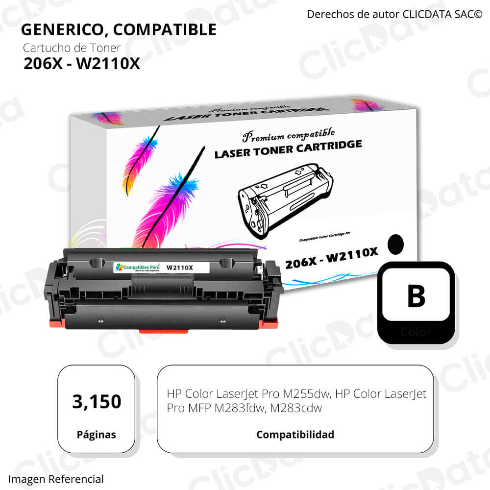 Toner HP 206X W2110X Black 3,150 Pág MFP M283, M255 Compatible
