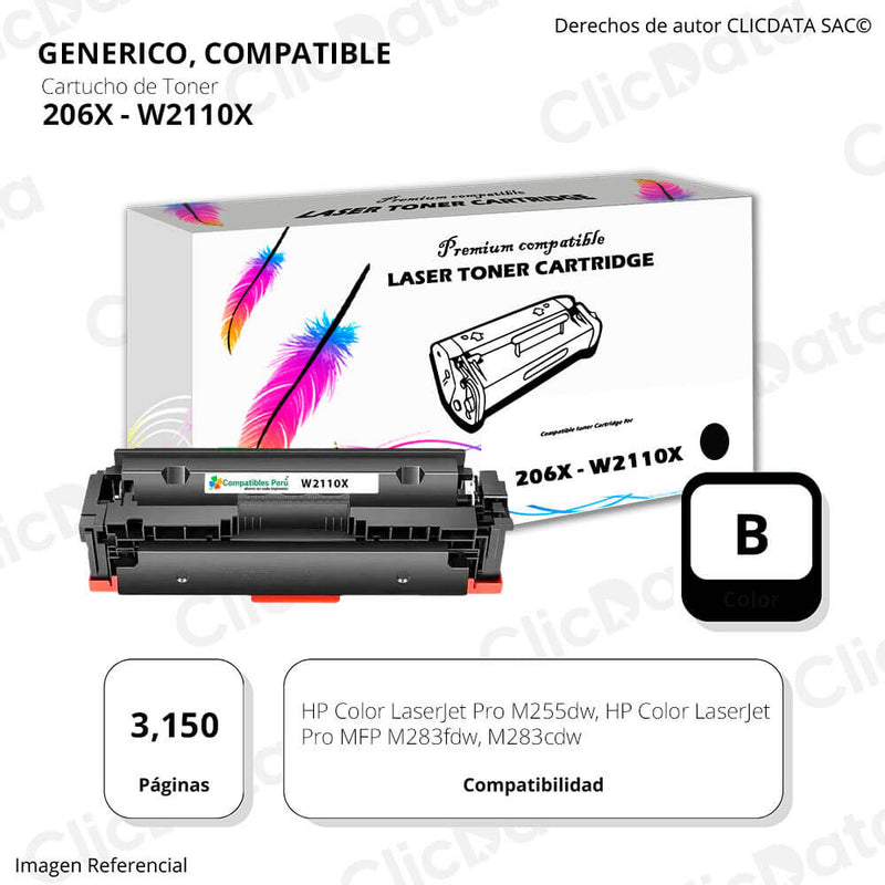 Toner HP 206X W2110X Black 3,150 Pág MFP M283, M255 Compatible
