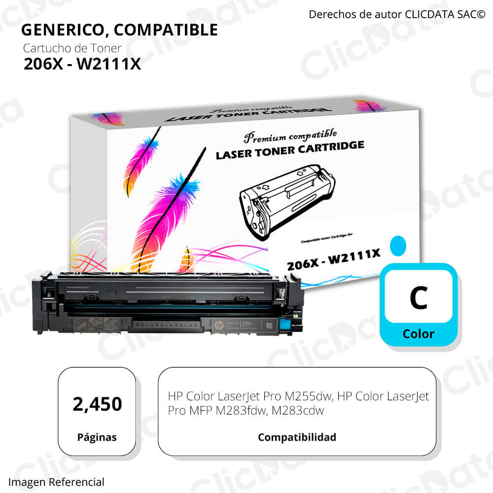 Toner HP 206X W2111X Cyan 2,450 Pág MFP M283, M255 Compatible