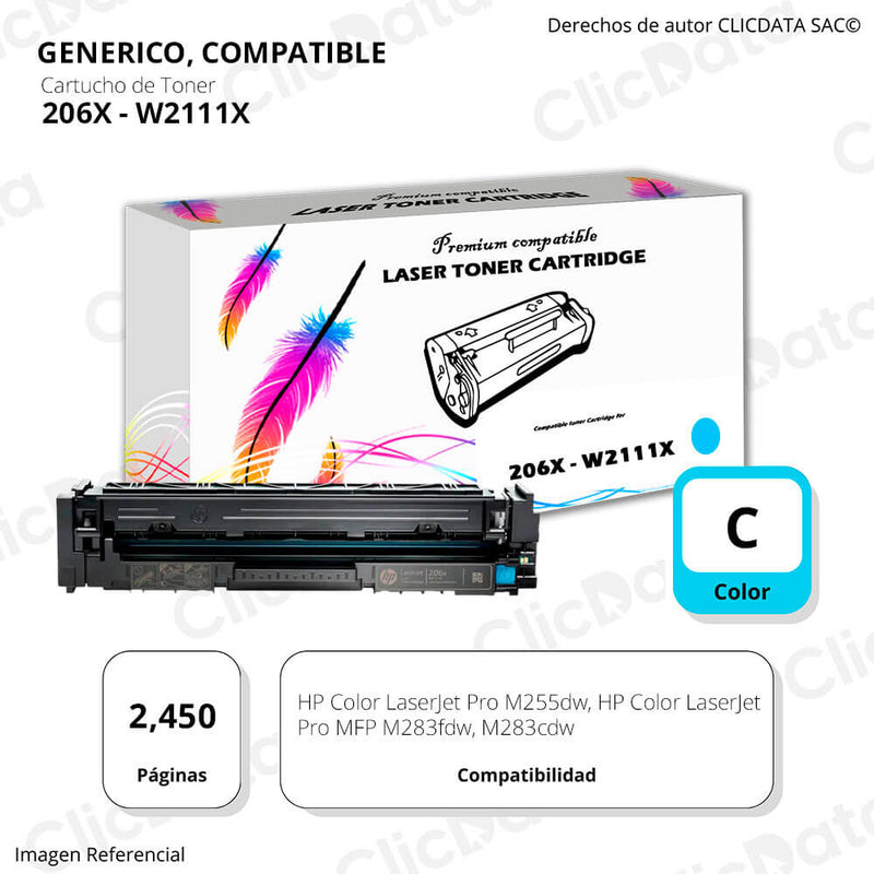Toner HP 206X W2111X Cyan 2,450 Pág MFP M283, M255 Compatible