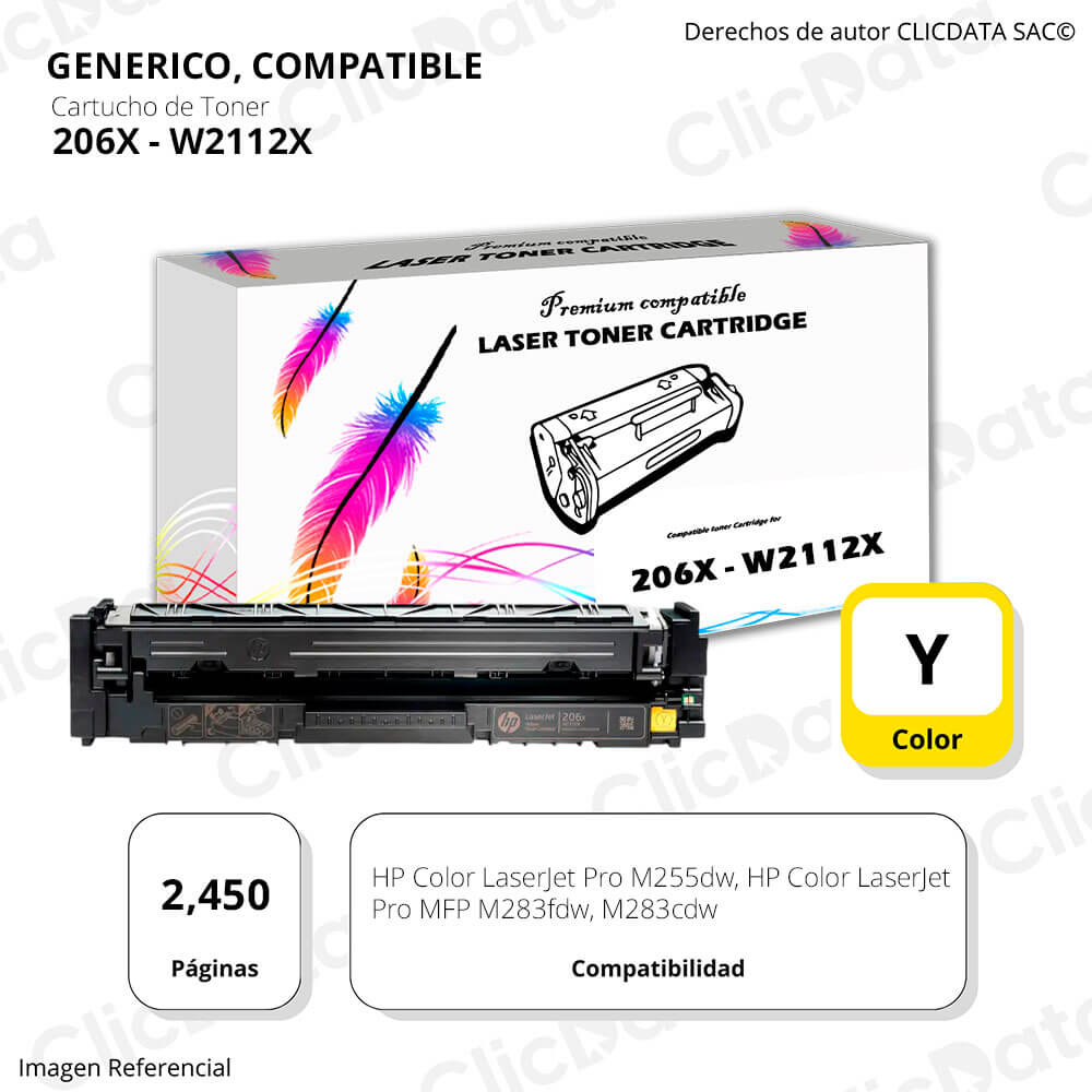 Toner HP 206X W2112X Yellow 2,450 Pág MFP M283, M255 Compatible