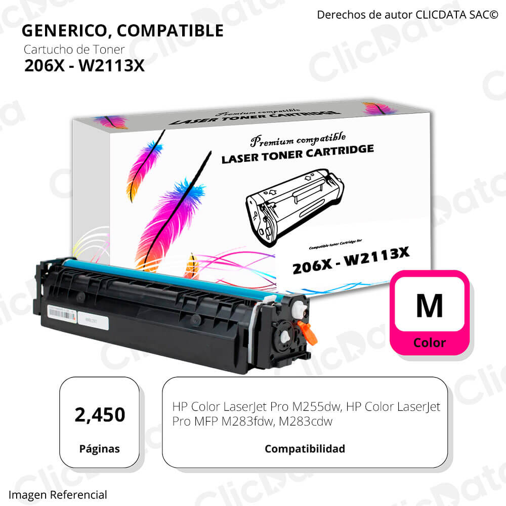 Toner HP 206X W2113X Magenta 2,450 Pág MFP M283, M255 Compatible