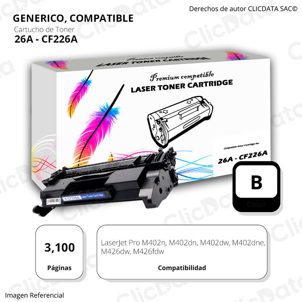 Toner HP 26A CF226A Black 3,100 Pág M402dn, M426fdn Compatible