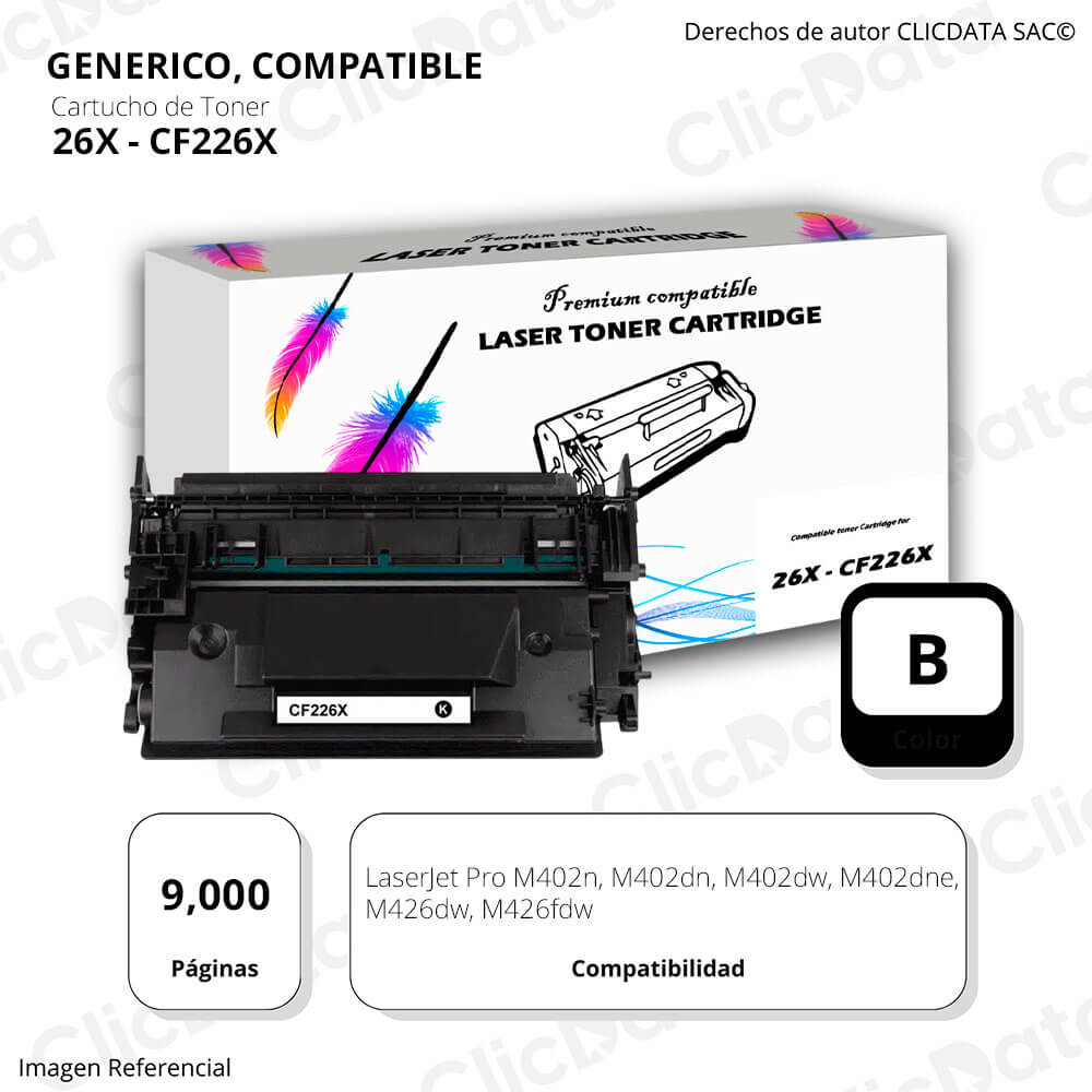 Toner HP 26X CF226X Negro 9,000 Pág M402dn, M426fdn Compatible