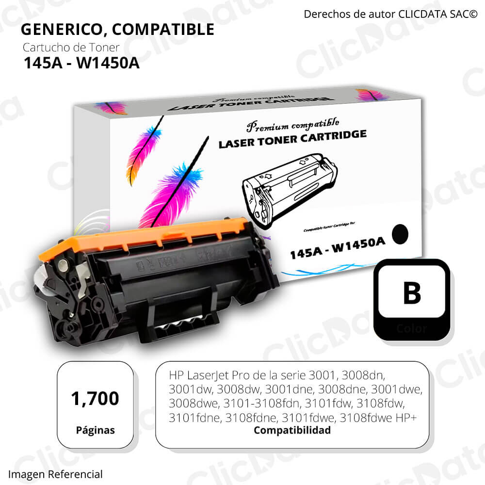 Toner 145A Negro W1450A 1.700 Pág 3002, 3008dn Compatible