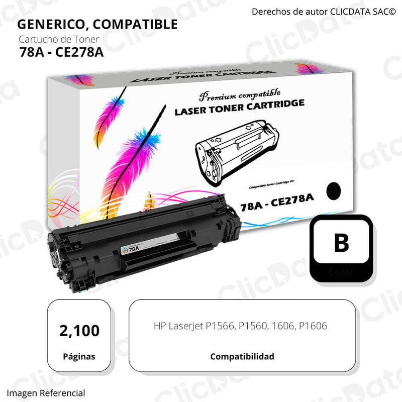 Toner HP 78A Black CE278A 2,100 Pág. 1606, P1606 Compatible