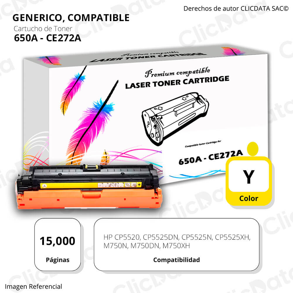 Toner HP 650A Yellow CE272A 15,000 Pág. M750n, M750dn Compatible
