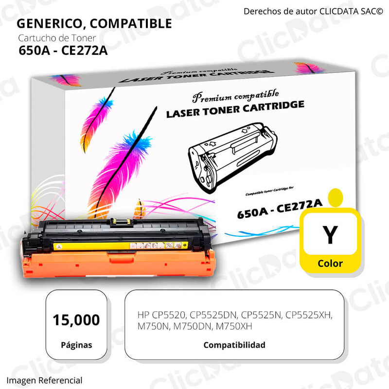 Toner HP 650A Yellow CE272A 15,000 Pág. M750n, M750dn Compatible