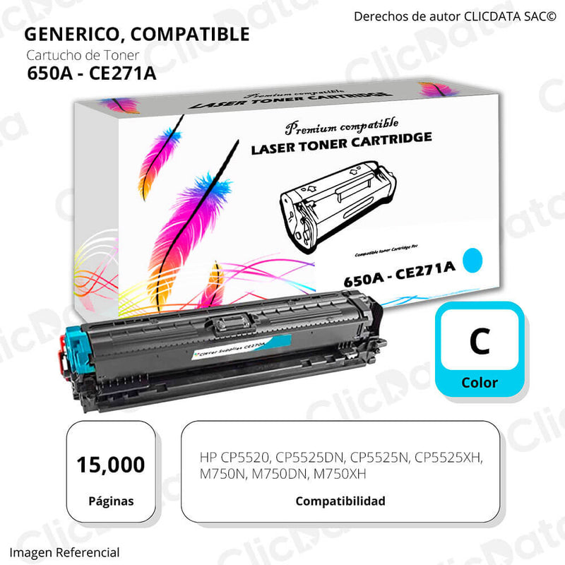 Toner HP 650A Cyan CE271A 15,000 Pág. M750n, M750dn Compatible