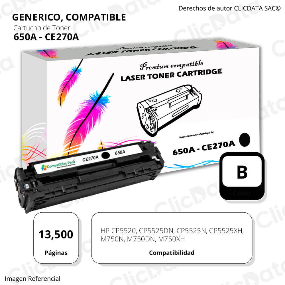 Toner HP 650A Black CE270A 13,500 Pág. M750n, M750dn Compatible