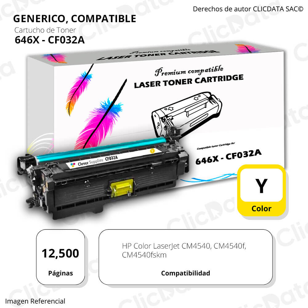 Toner HP 646X Yellow CF032A 12,500 Pág. CM4540 Compatible