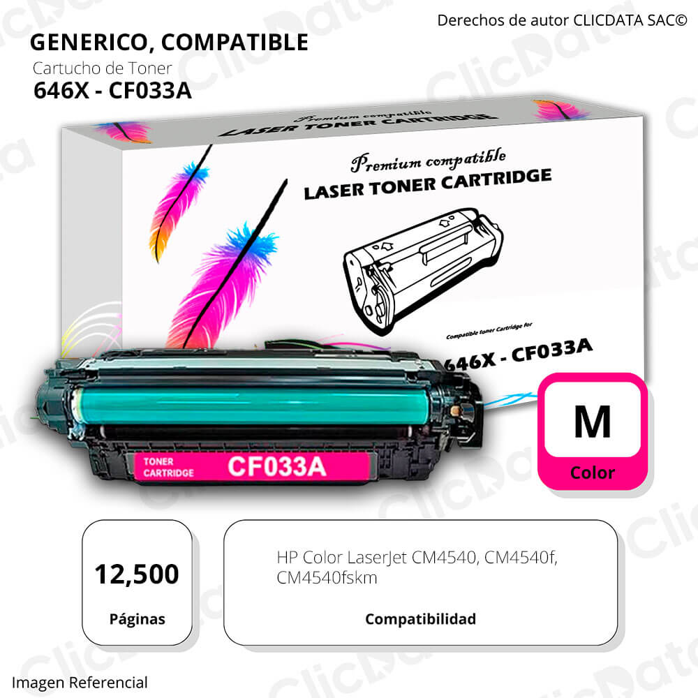 Toner HP 646X Magenta CF033A 12,500 Pág. CM4540 Compatible
