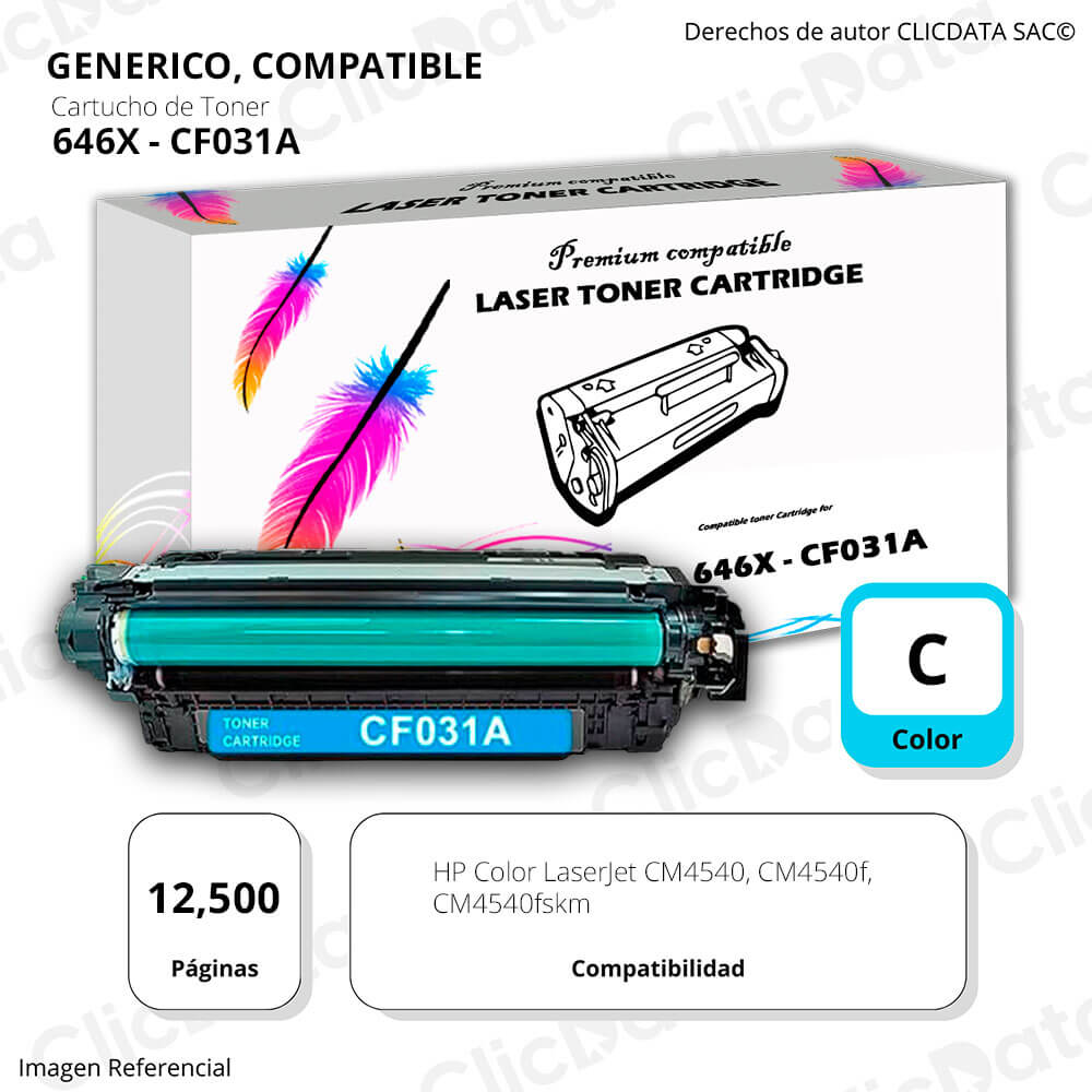 Toner HP 646X Cyan CF031A 12,500 Pág. CM4540 Compatible