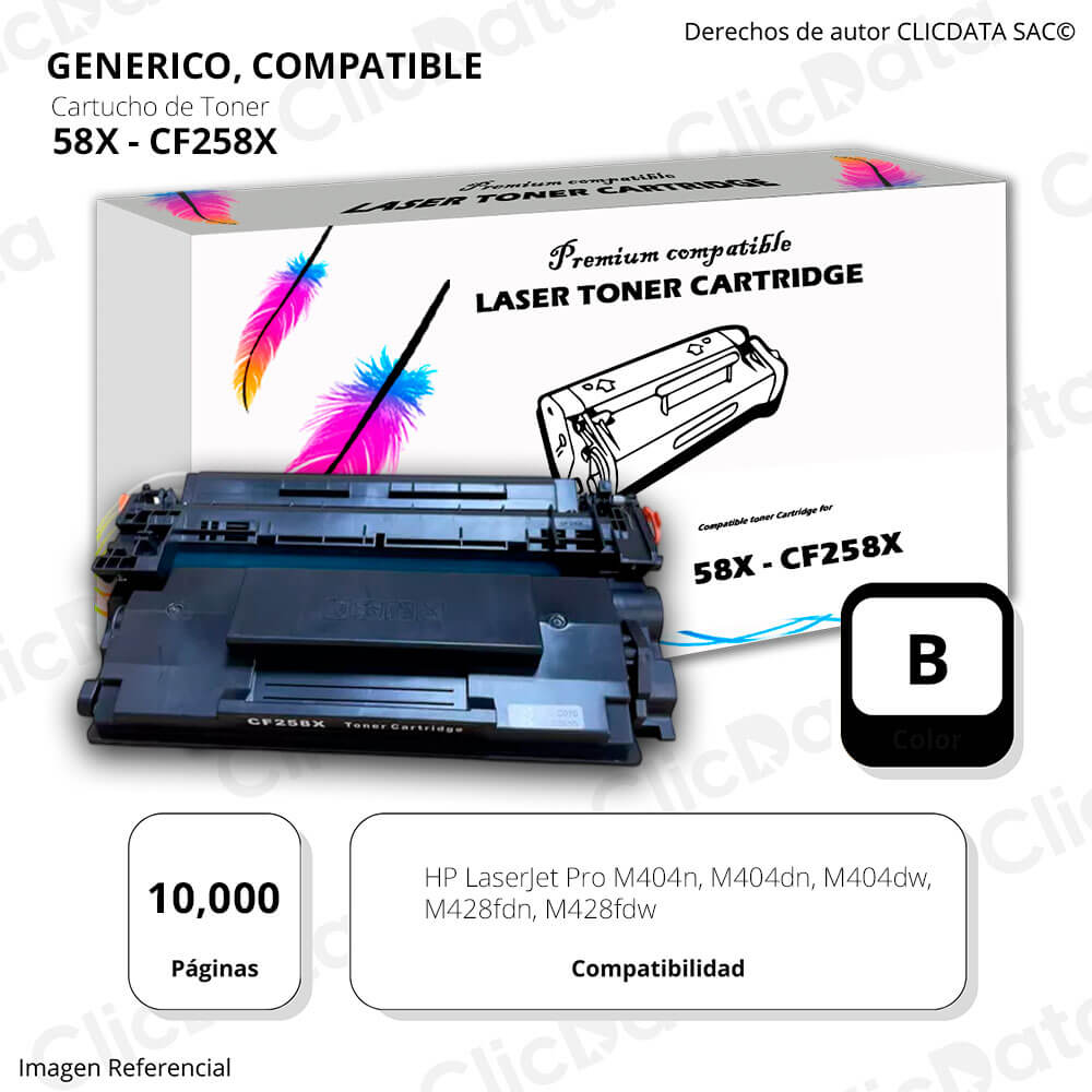 Toner HP 58X Black CF258X 10,000 Pág. M404, M428 Chip Compatible