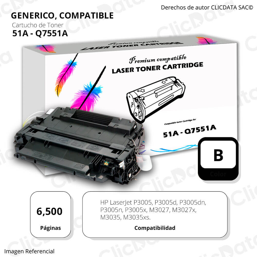 Toner HP 51A Negro Q7551A 6.500 Pág P3005, P3005X Compatible