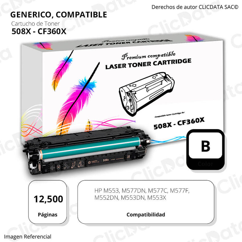 Toner HP 508X Black CF360X 12,500 Pág. M553DN, M553X Compatible