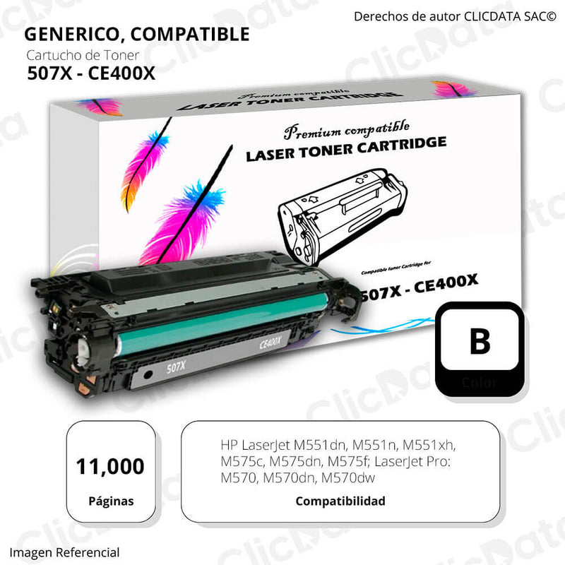 Toner HP 507X Black CE400X 11,000 Pág. M551dn, M570dw Compatible