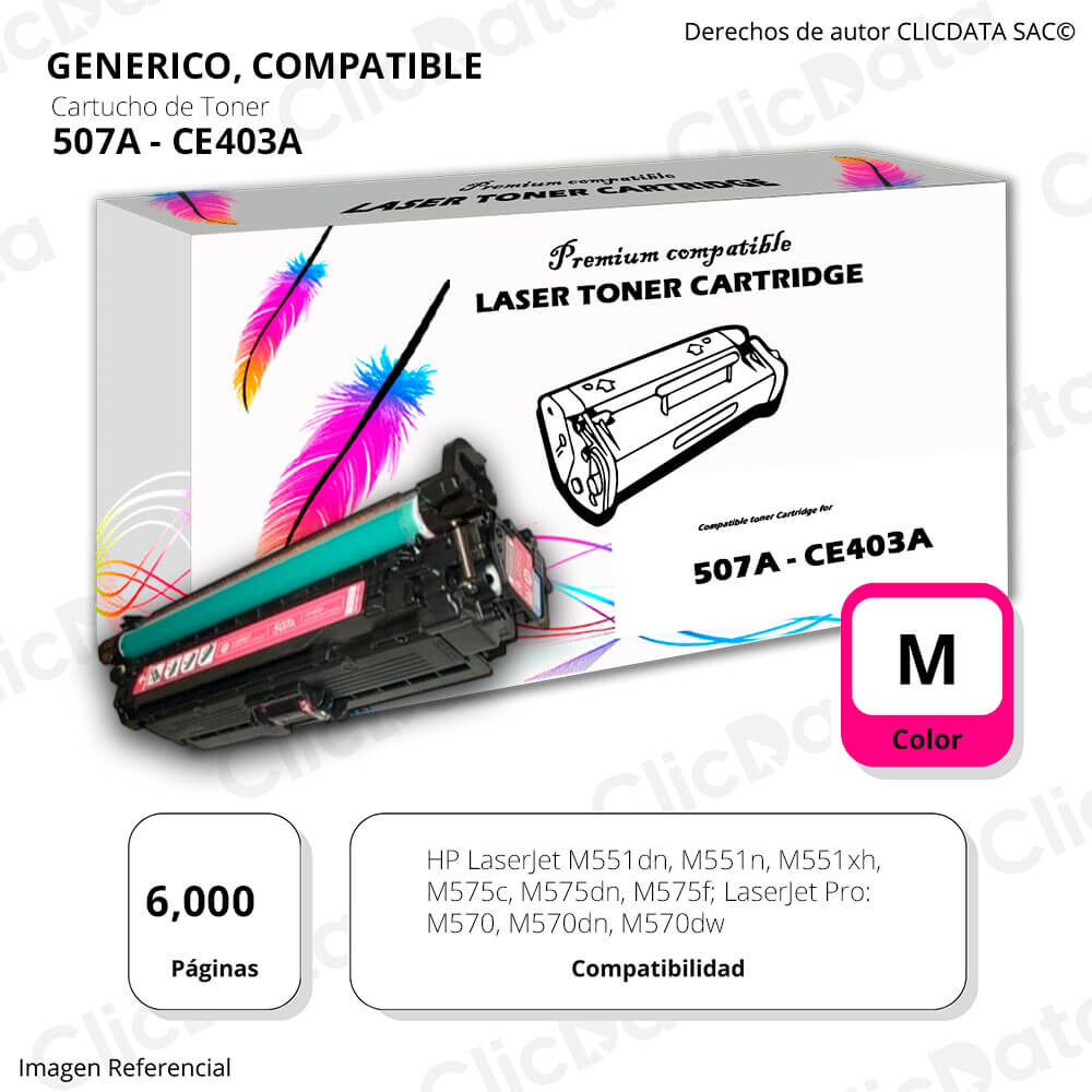Toner HP 507A Magenta CE403A 6,000 Pág. M551dn, M570 Compatible