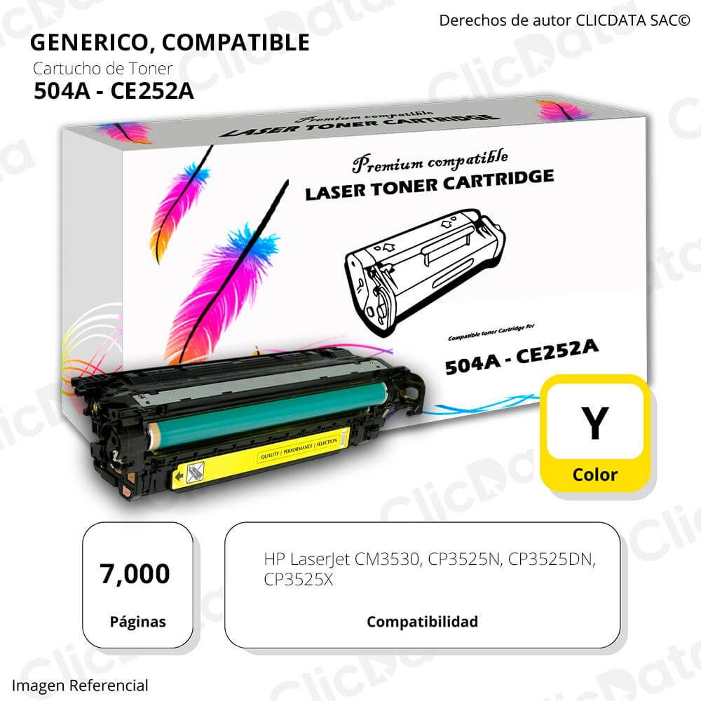 Toner HP 504A Yellow CE252A 7,000 Pág. CP3530, CP 3525 Compatible