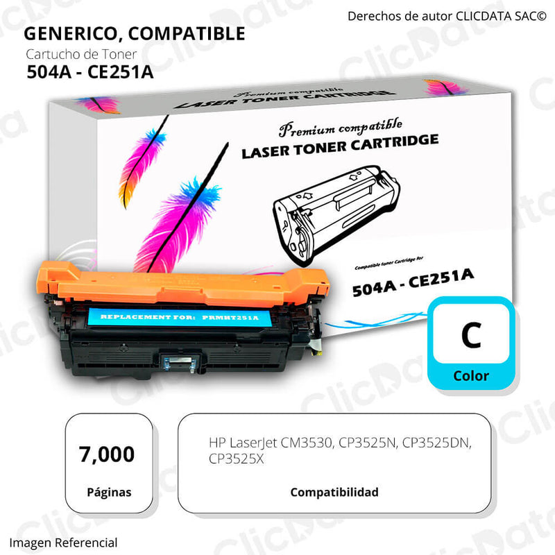 Toner HP 504A Cyan CE251A 7,000 Pág. CP3530, CP 3525 Compatible