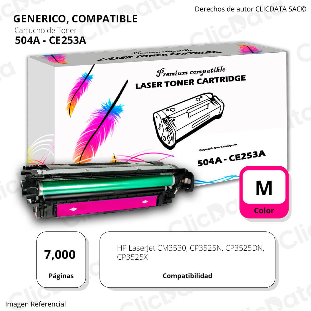 Toner HP 504A Magenta CE253A 7,000 Pág. CP3530, CP 3525 Compatible