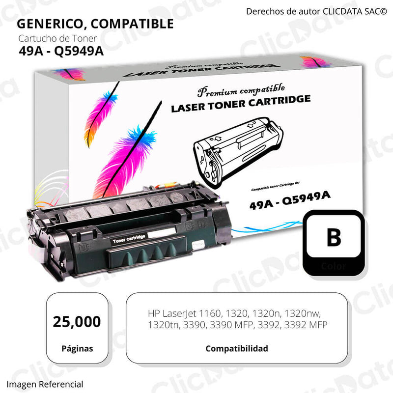 Toner HP 49A Negro Q5949A 2,500 Pág. 1160, 3392 Compatible