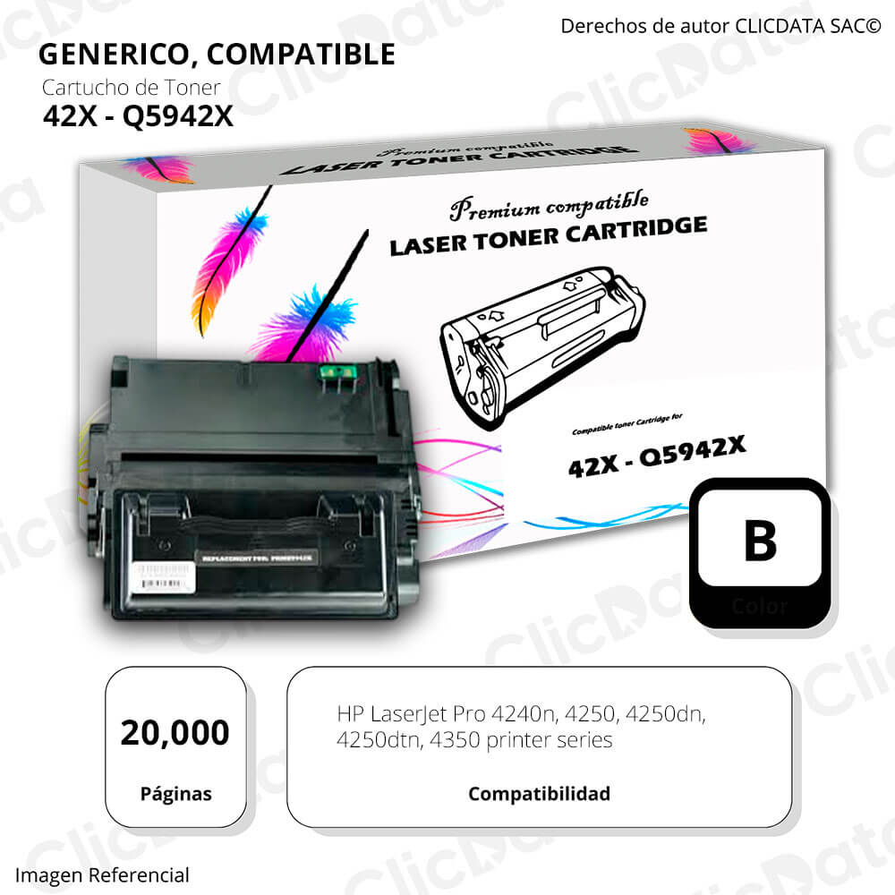 Toner HP 42X Negro Q5942X 20,000 Pág. 4240n, 4250dn Compatible