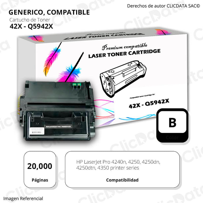 Toner HP 42X Negro Q5942X 20,000 Pág. 4240n, 4250dn Compatible
