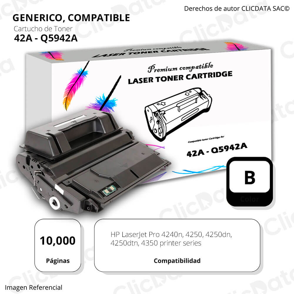 Toner HP 42A Negro Q5942A 10,000 Pág. 4240n, 4250dn Compatible