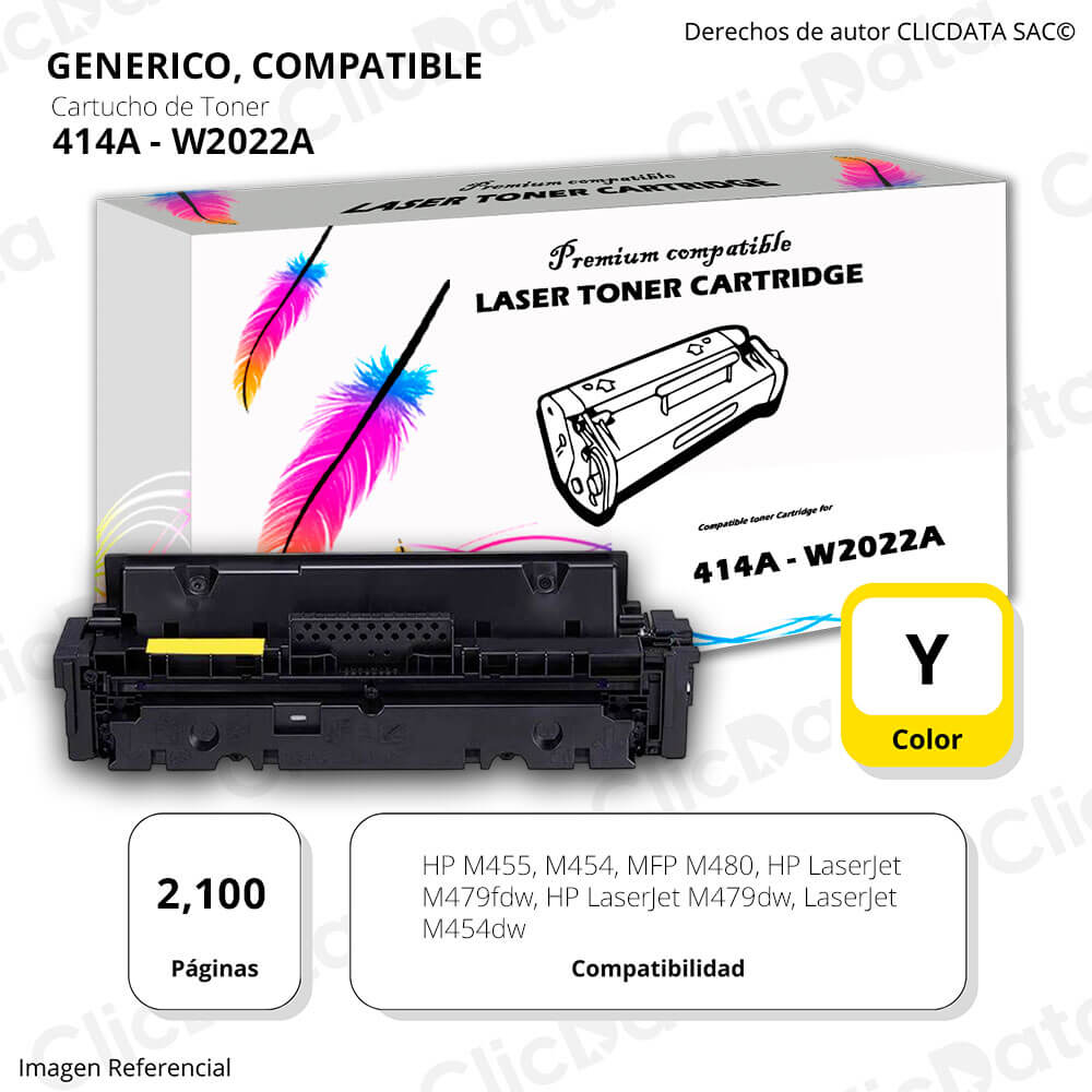 Toner HP 414A Yellow W2022A 2,100 Pág. M454dw, M479fdw Compatible
