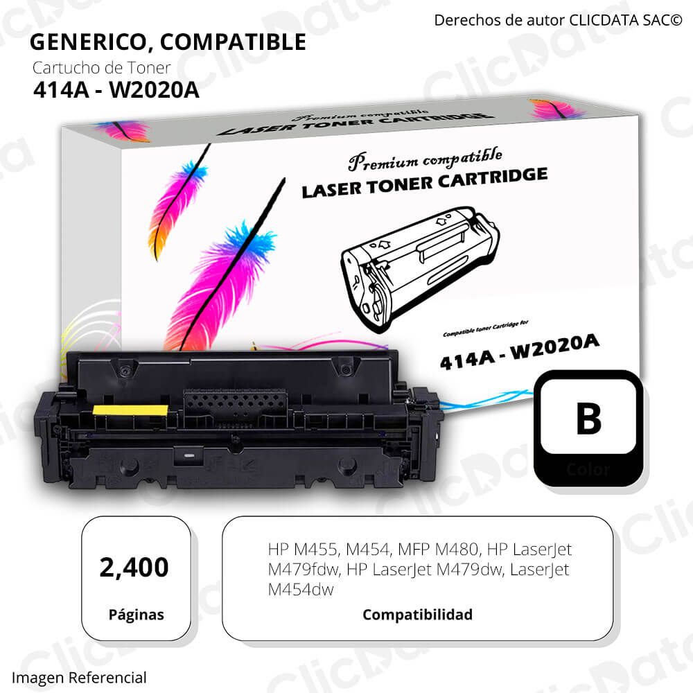 Toner HP 414A Negro W2020A 2,400 Pág. M454dw, M479fdw Compatible