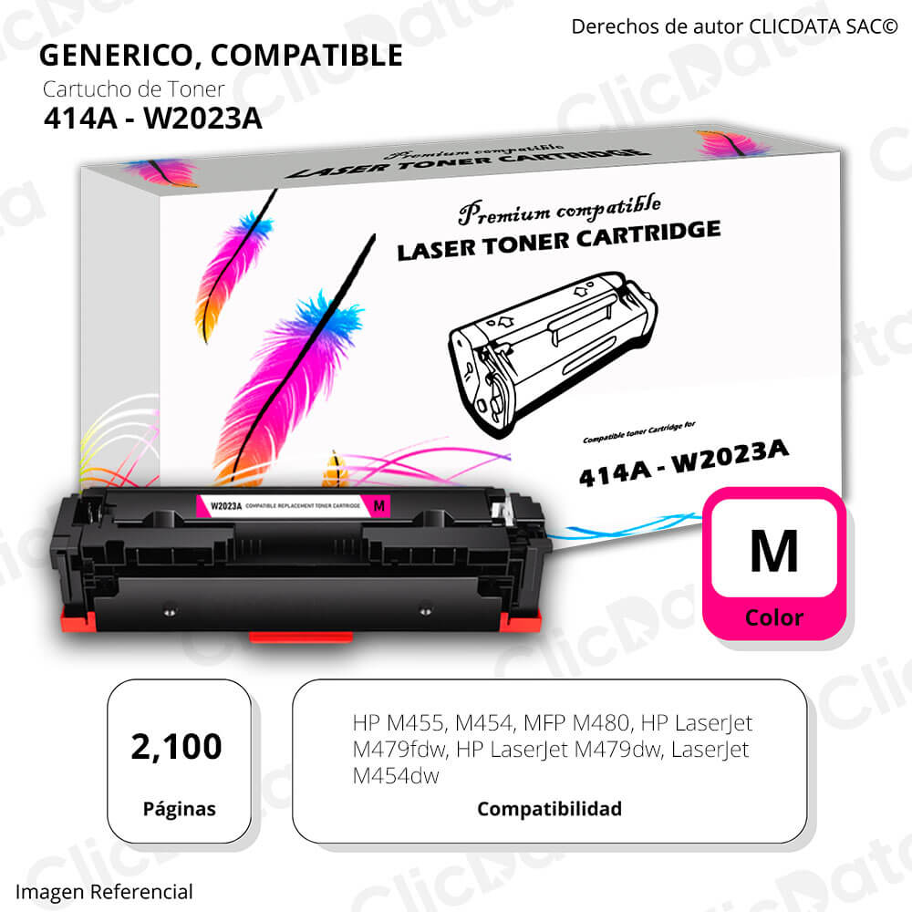 Toner HP 414A Magenta W2023A 2,100 Pág. M454dw, M479fdw Compatible