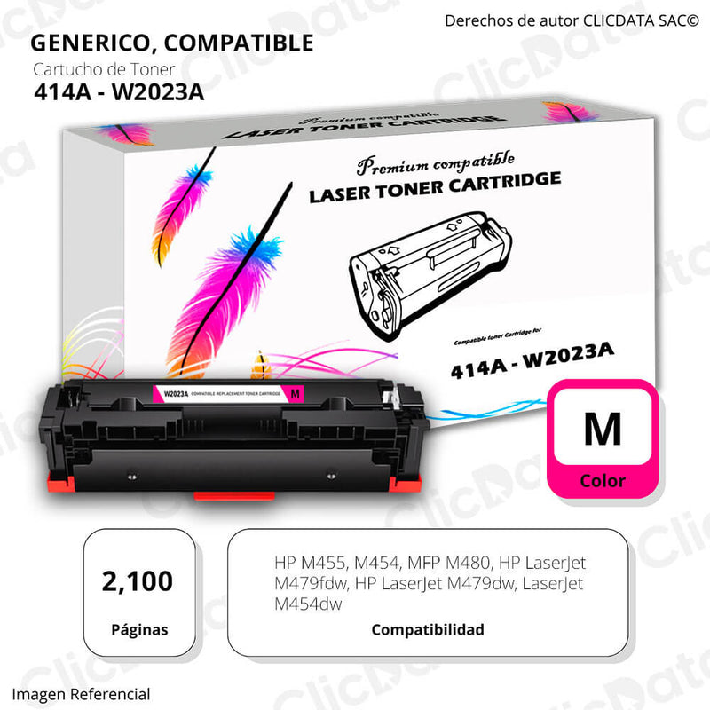 Toner HP 414A Magenta W2023A 2,100 Pág. M454dw, M479fdw Compatible