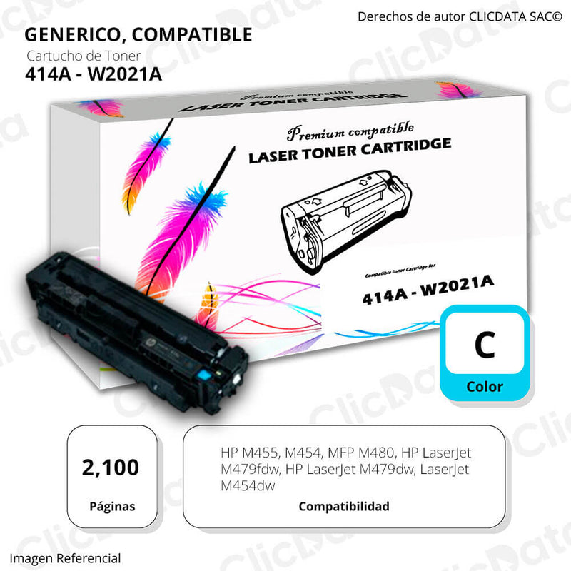 Toner HP 414A Cyan W2021A 2,100 Pág. M454dw, M479fdw Compatible