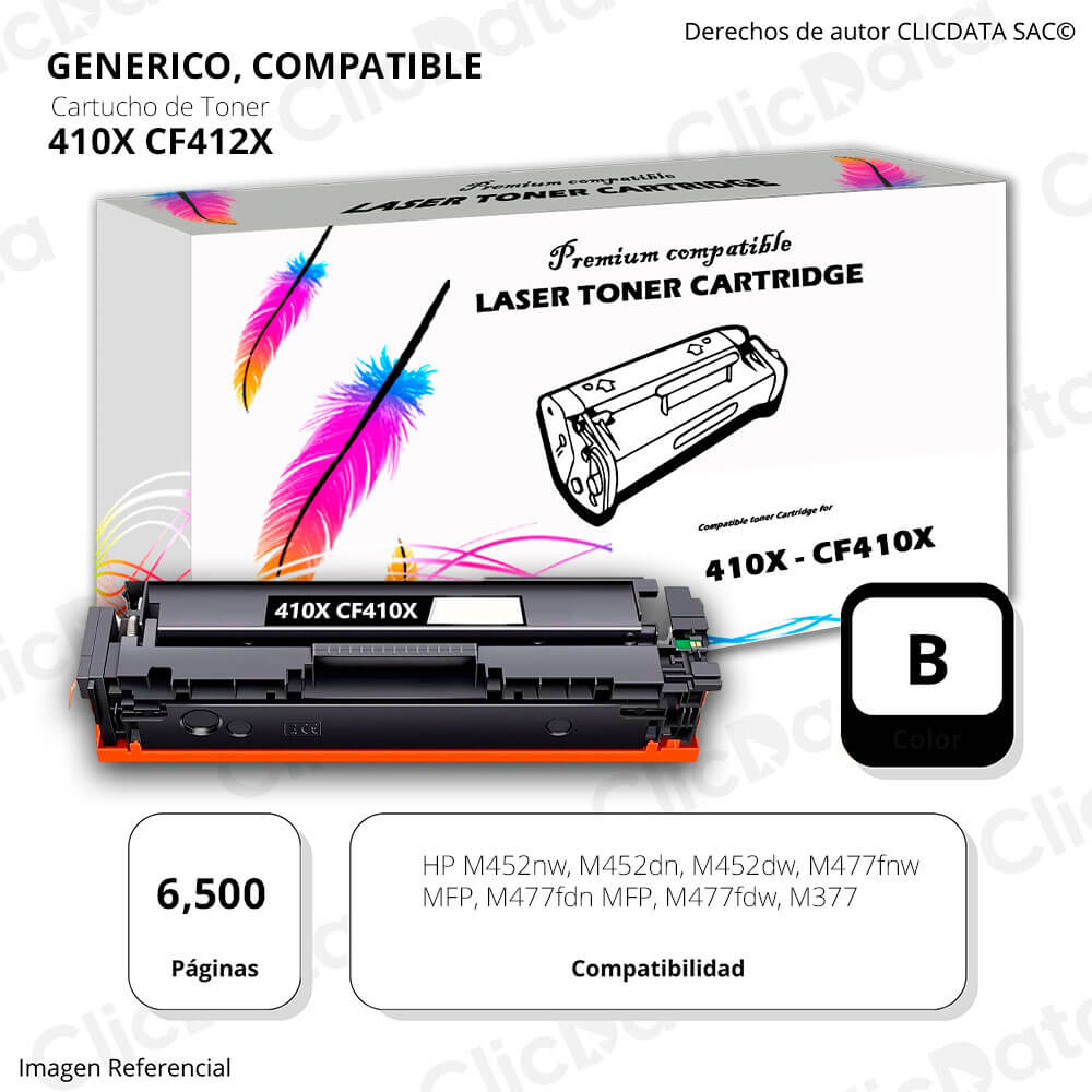 Toner HP 410X Negro CF410X 6,500 Pág. M477fdw, M452dn Compatible