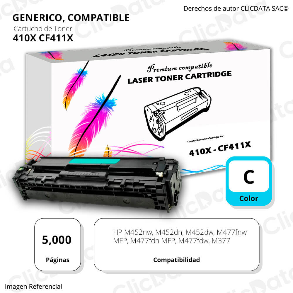 Toner HP 410X Cyan CF411X 5,000 Pág. M477fdw, M452dn Compatible