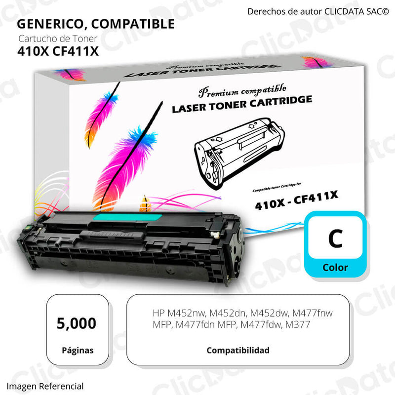 Toner HP 410X Cyan CF411X 5,000 Pág. M477fdw, M452dn Compatible