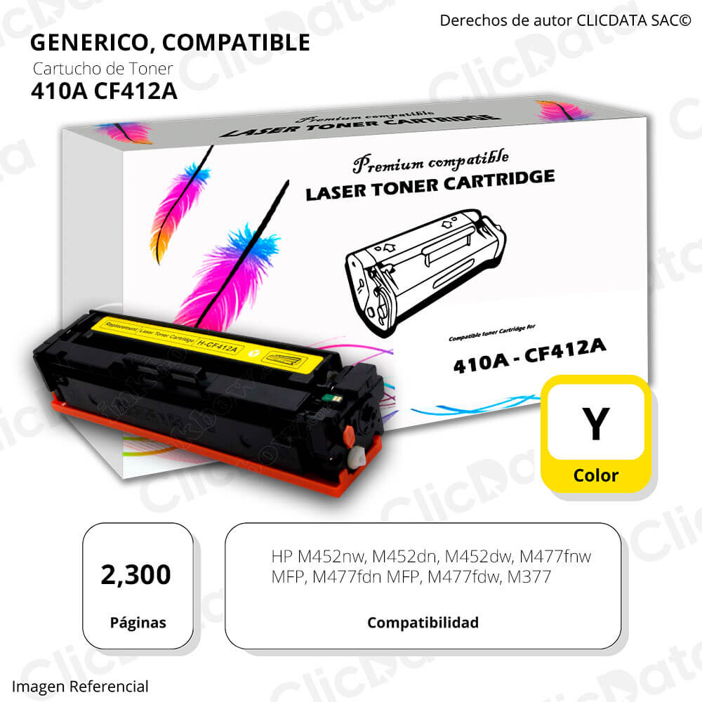Toner HP 410A Yellow CF412A 2,300 Pág. M477fdw, M452dn Compatible