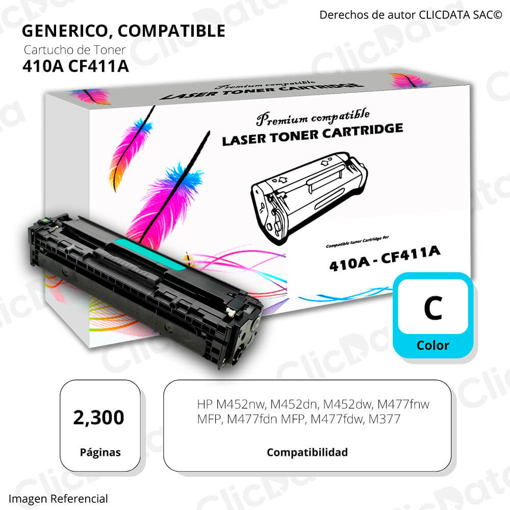 Toner HP 410A Cyan CF411A 2,300 Pág. M477fdw, M452dn Compatible