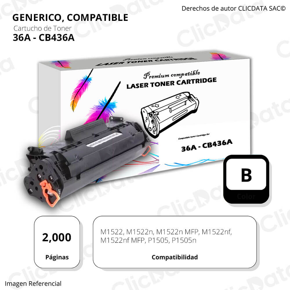 Toner HP 36A Black CB436A 2,000 Pág. M1522, P1505n Compatible