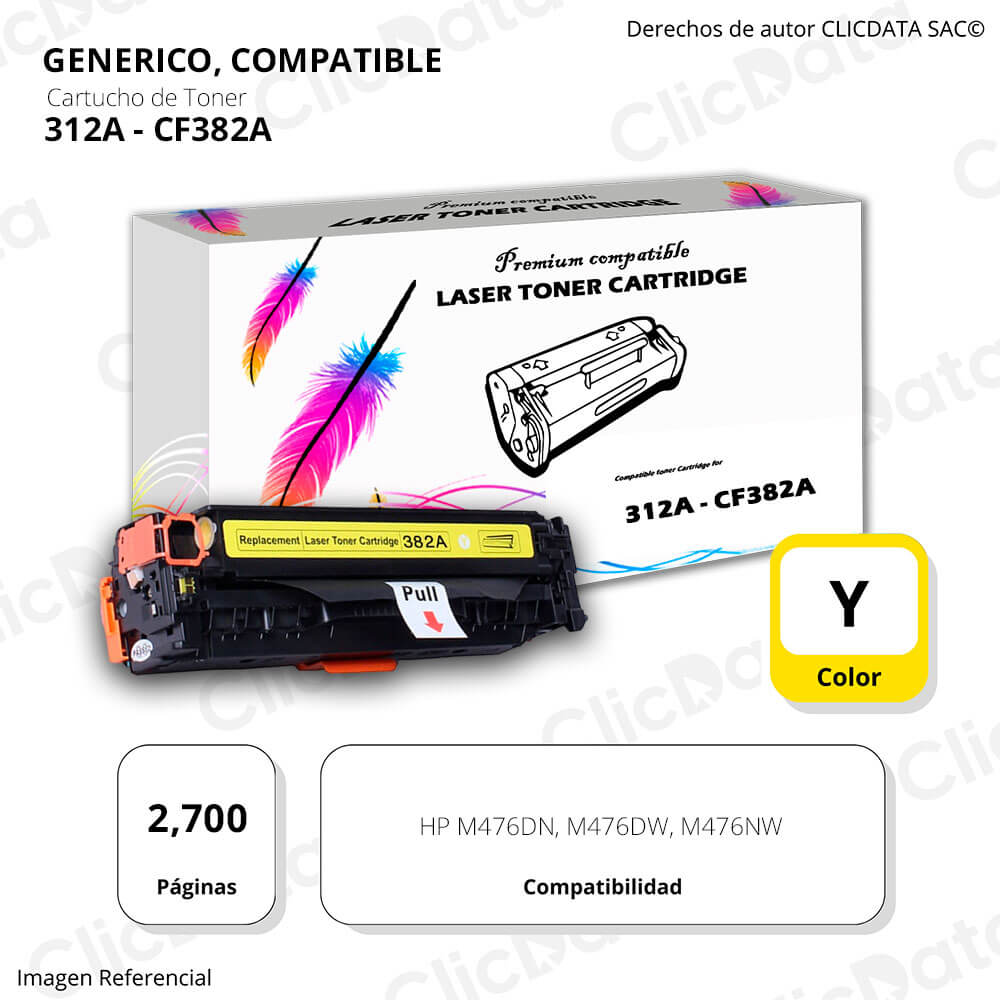 Toner HP 312A Yellow CF382A 2.700 Pág. M476nw, M476dn Compatible