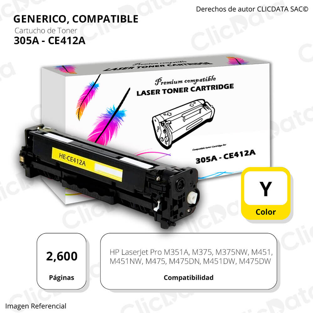 Toner HP 305A Yellow CE412A 2,600 Pág. M475dn, M451dn Compatible