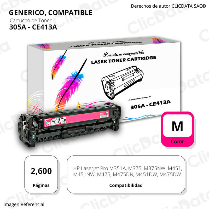 Toner HP 305A Magenta CE413A 2,600 Pág. M475dn, M451dn Compatible