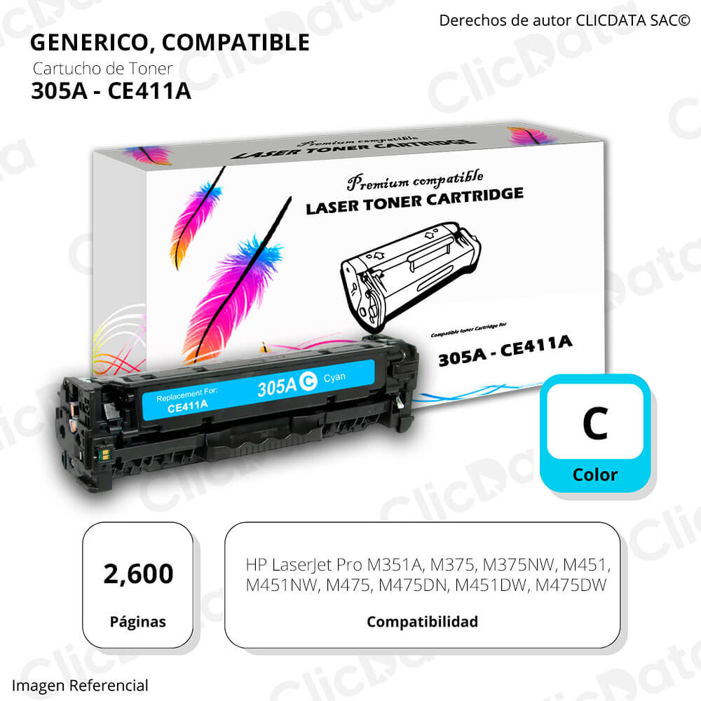 Toner HP 305A Cyan CE411A 2,600 Pág. M475dn, M451dn Compatible