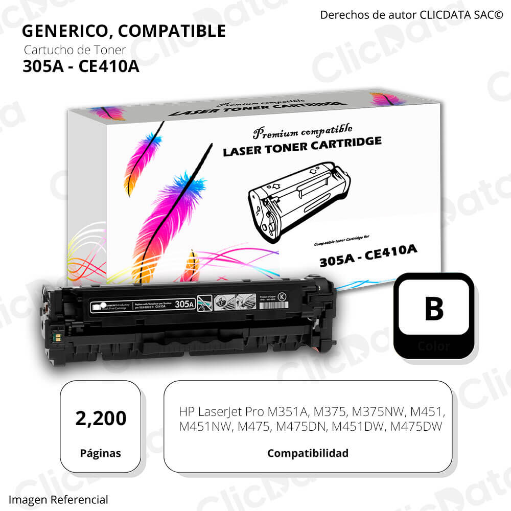 Toner HP 305A Black CE410A 2,200 Pág. M475dn, M451dn Compatible