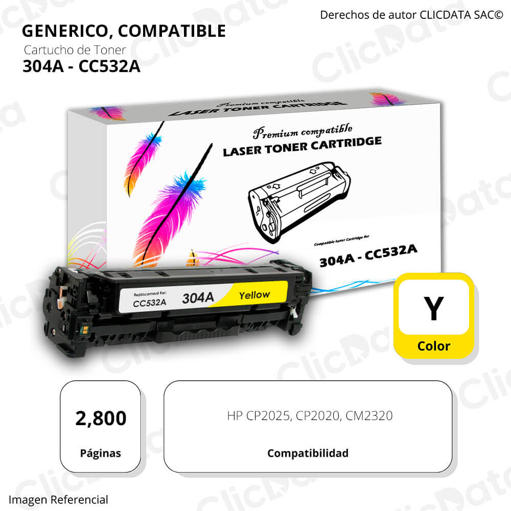 Toner HP 304A Yellow CC532A 2,800 Pág. CP2020, CM2320 Compatible