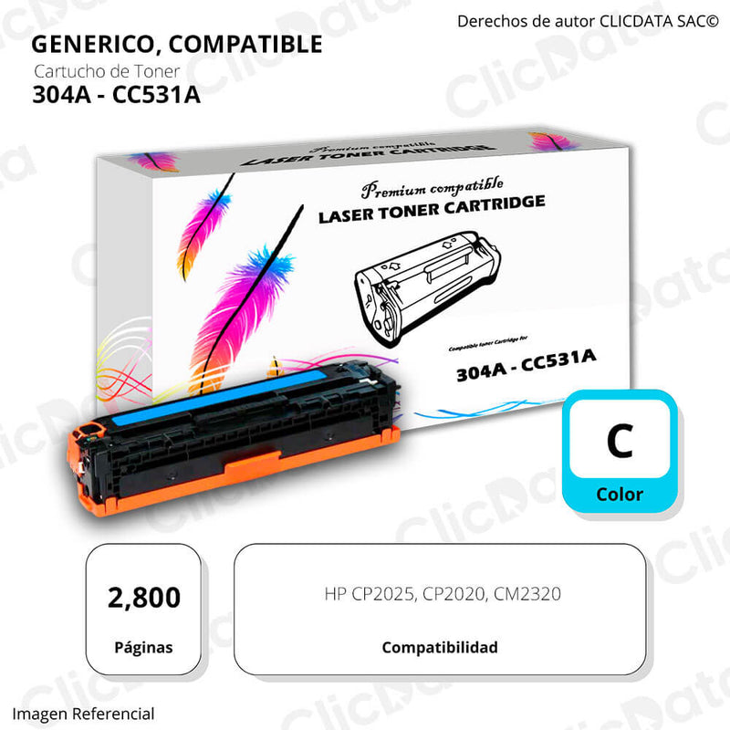 Toner HP 304A Cyan CC531A 2,800 Pág. CP2020, CM2320 Compatible