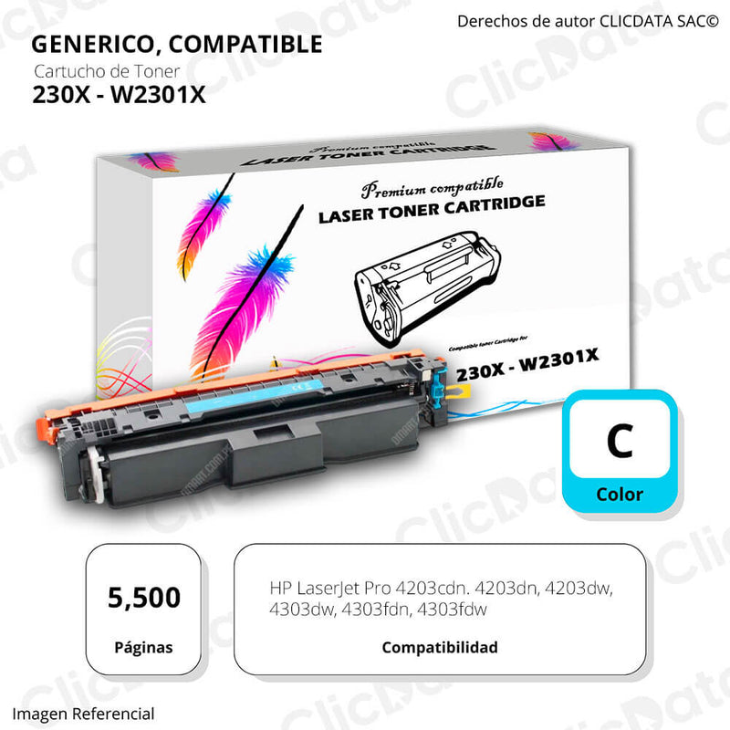 Toner Hp 230X Cyan W2301X 5,500 Pág. 4203cdn, 4303fdw Compatible