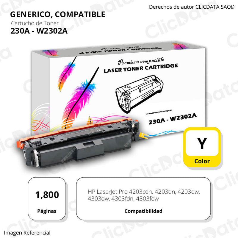 Toner Hp 230A Yellow W2302A 1,800 Pág. 4303fdn, 4203dn Compatible