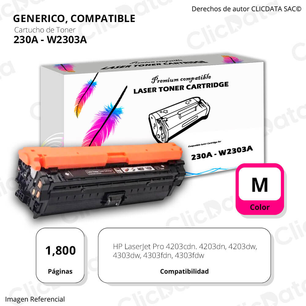 Toner Hp 230A Magenta W2303A 1,800 Pág. 4303fdn, 4203dn Compatible